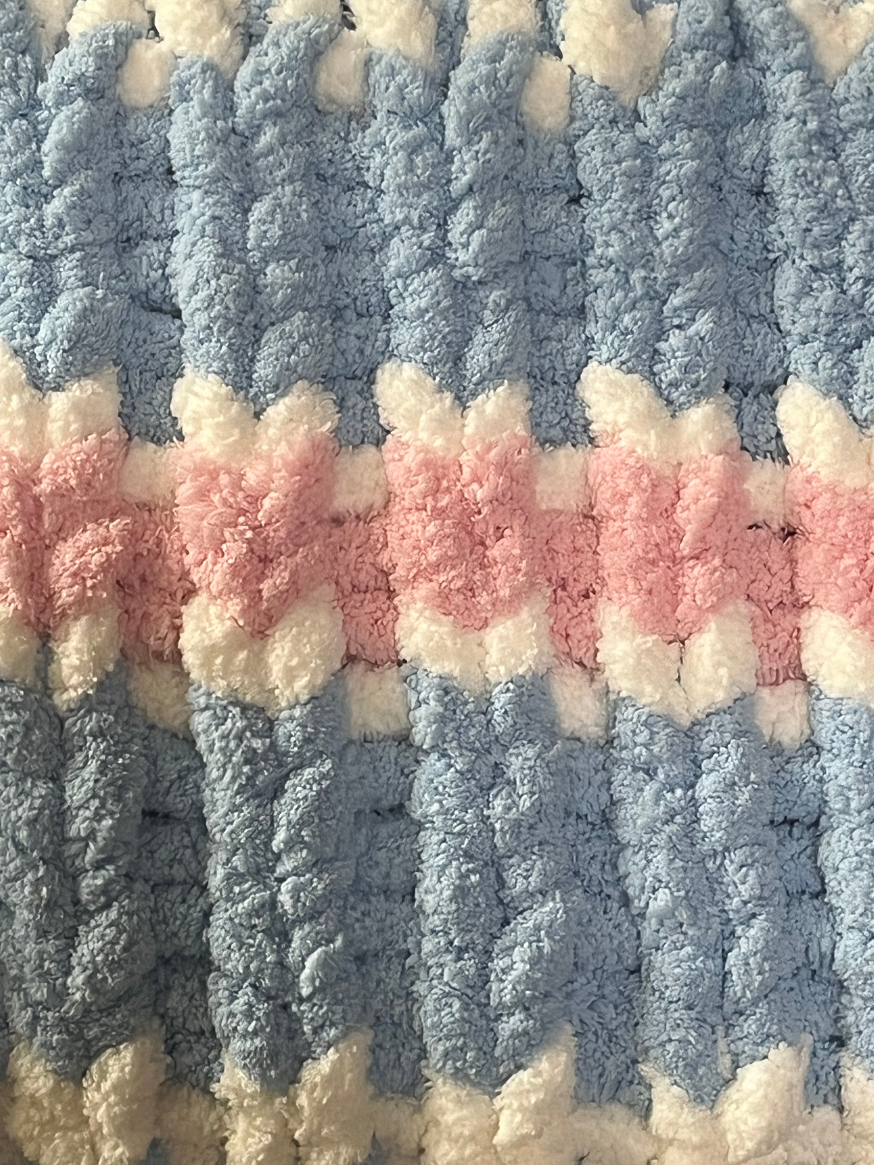 Handmade Sky Blue, White & Pink Striped Chunky Knit Large Throw Blanket