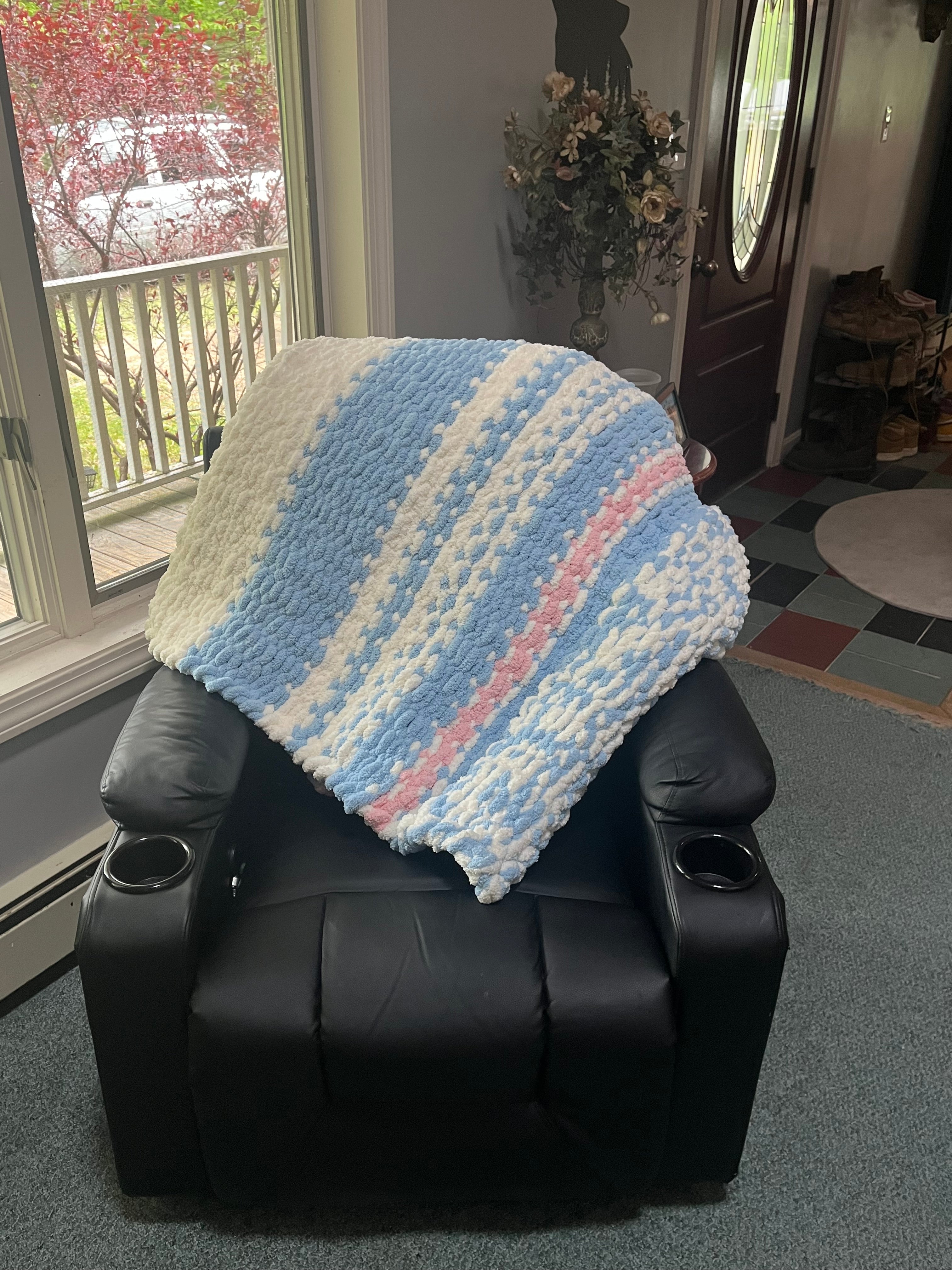 Handmade Sky Blue, White & Pink Striped Chunky Knit Large Throw Blanket