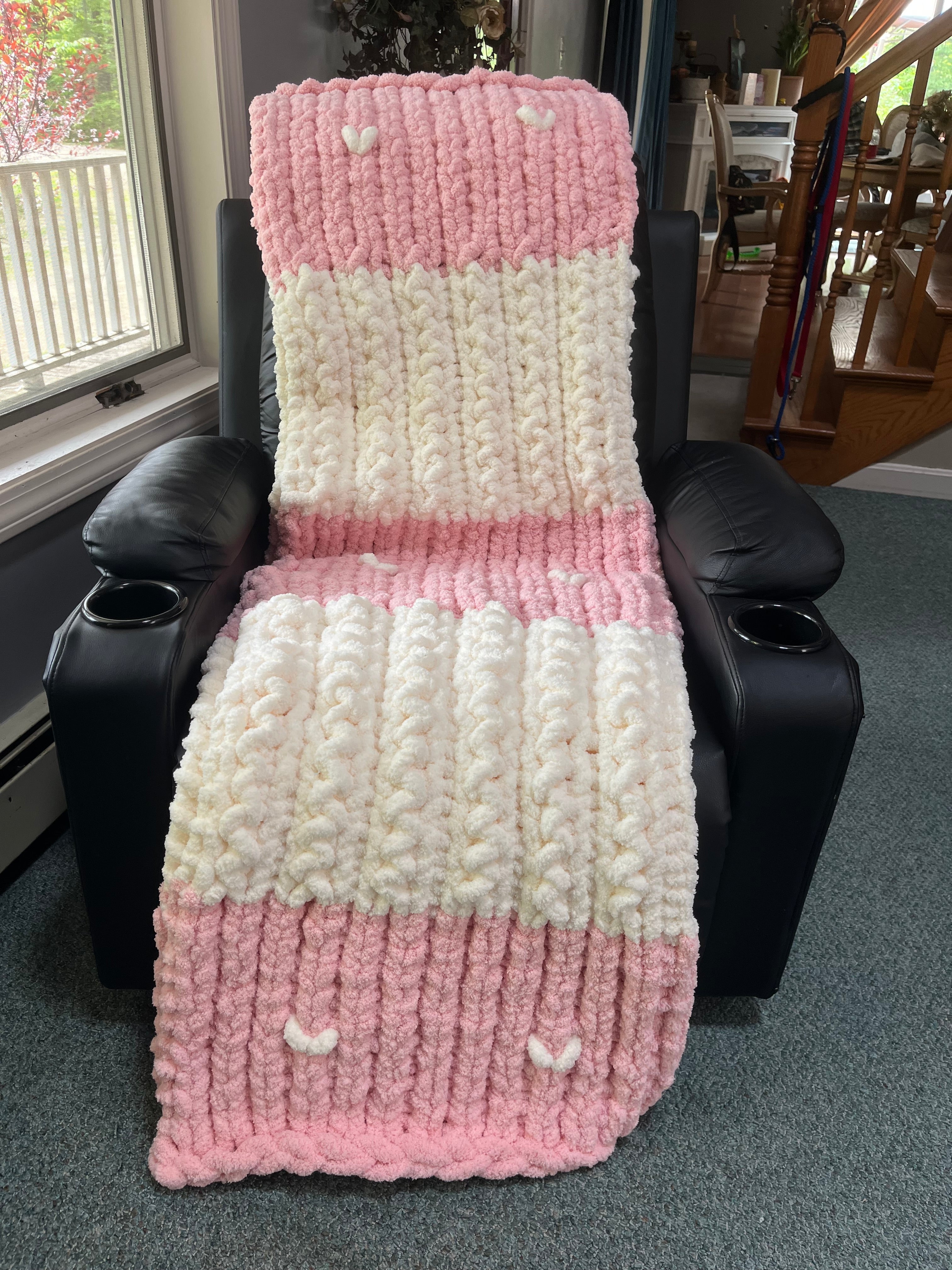 Handmade Pink & Cream Chunky Knit Large Throw Blanket