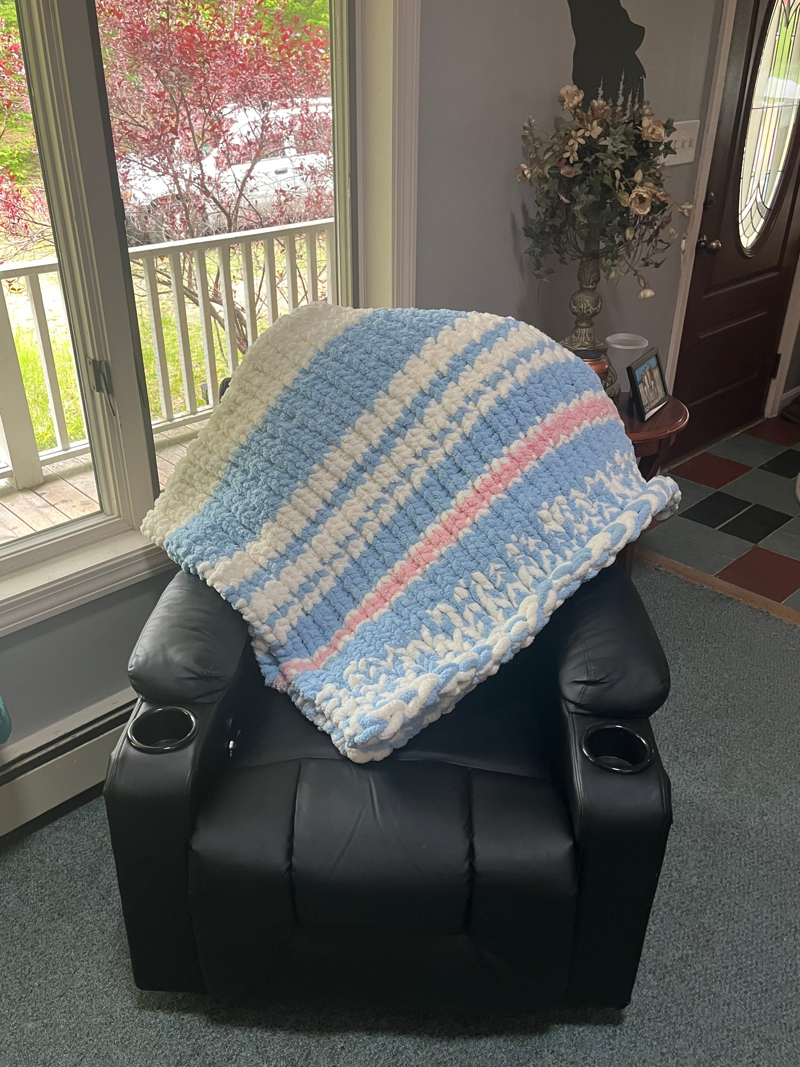 Handmade Sky Blue, White & Pink Striped Chunky Knit Large Throw Blanket