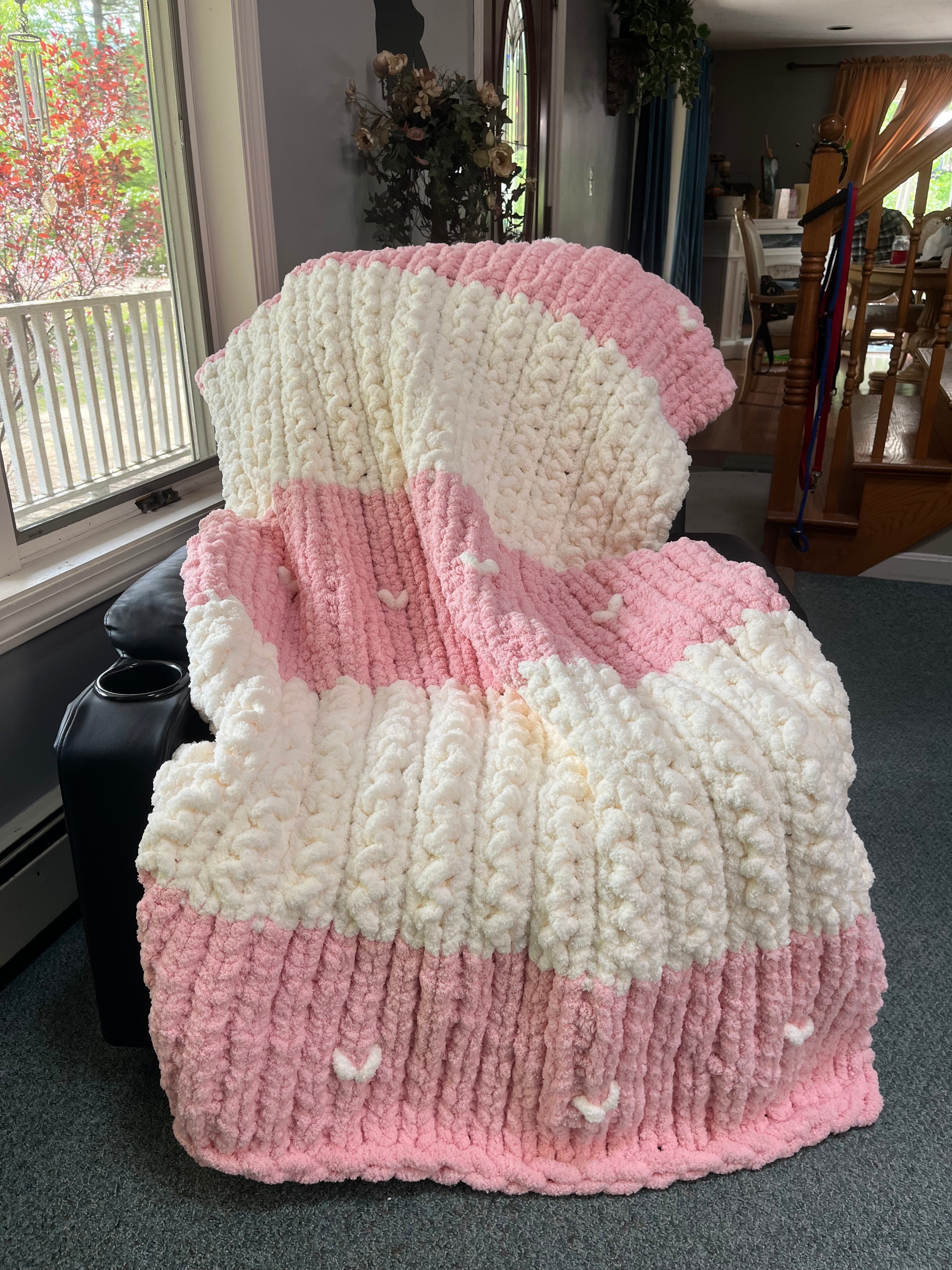 Handmade Pink & Cream Chunky Knit Large Throw Blanket