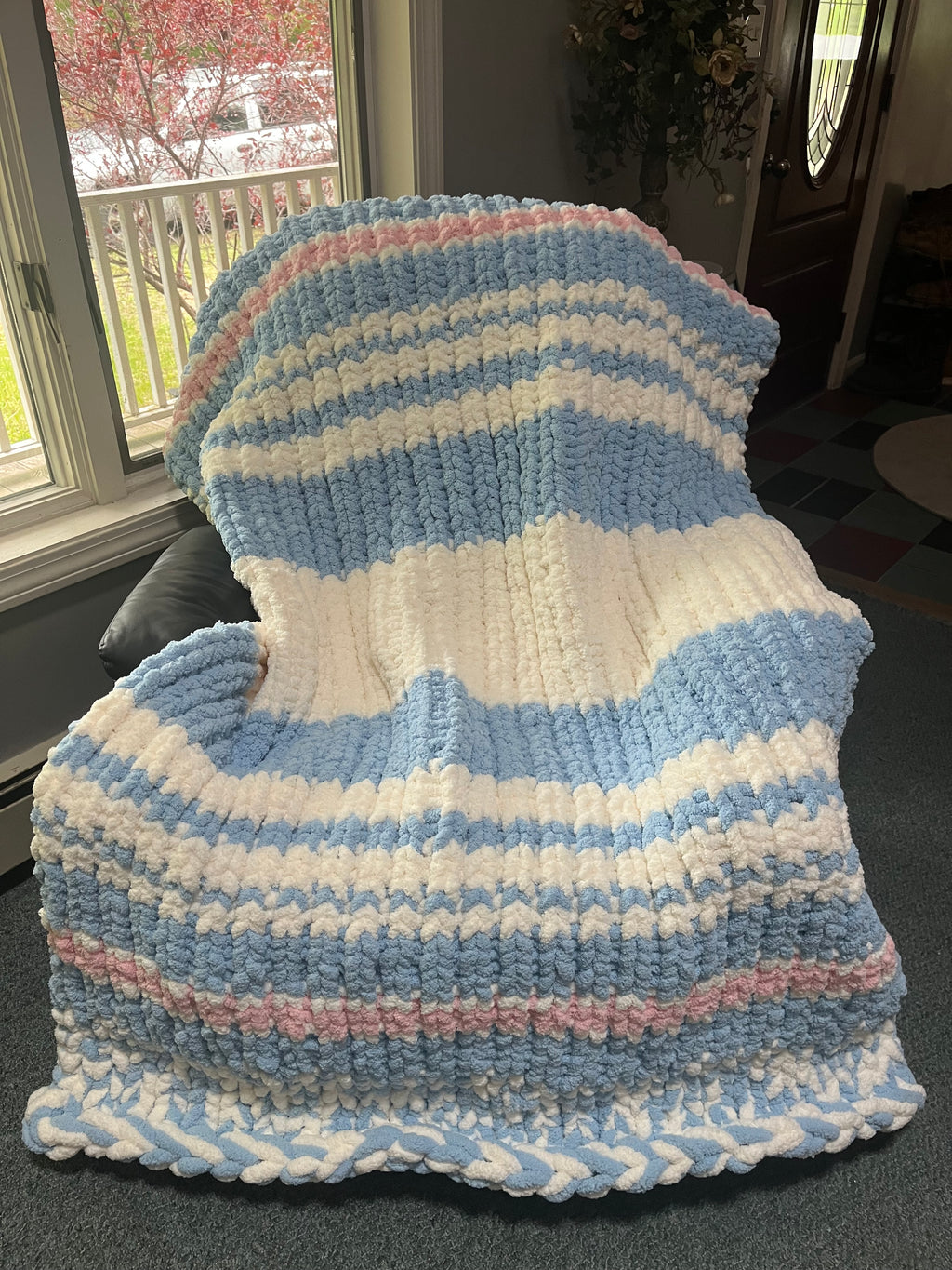 Handmade Sky Blue, White & Pink Striped Chunky Knit Large Throw Blanket