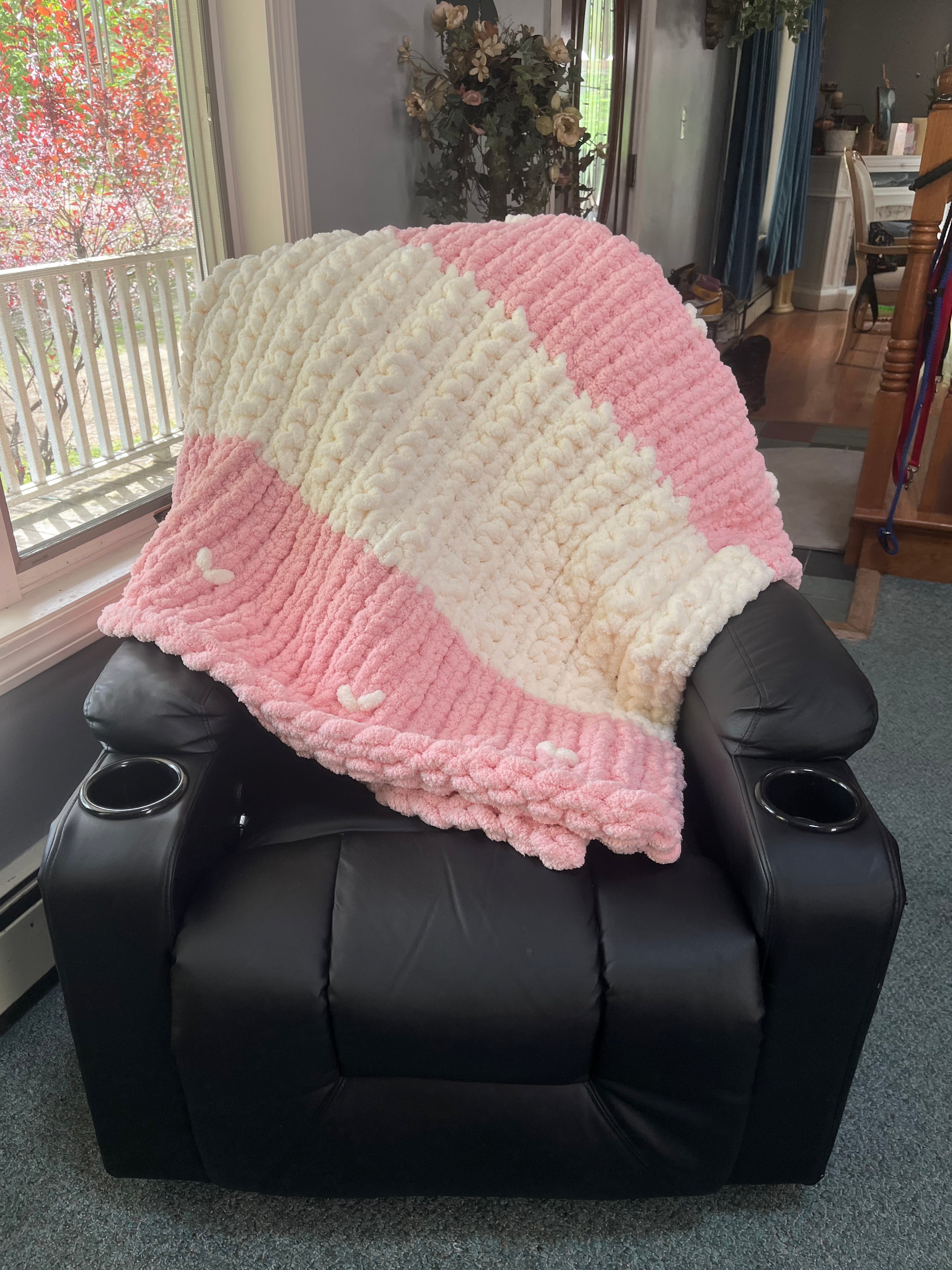 Handmade Pink & Cream Chunky Knit Large Throw Blanket