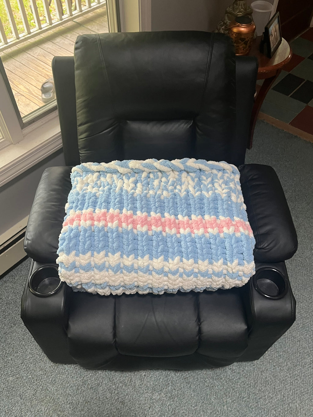 Handmade Sky Blue, White & Pink Striped Chunky Knit Large Throw Blanket
