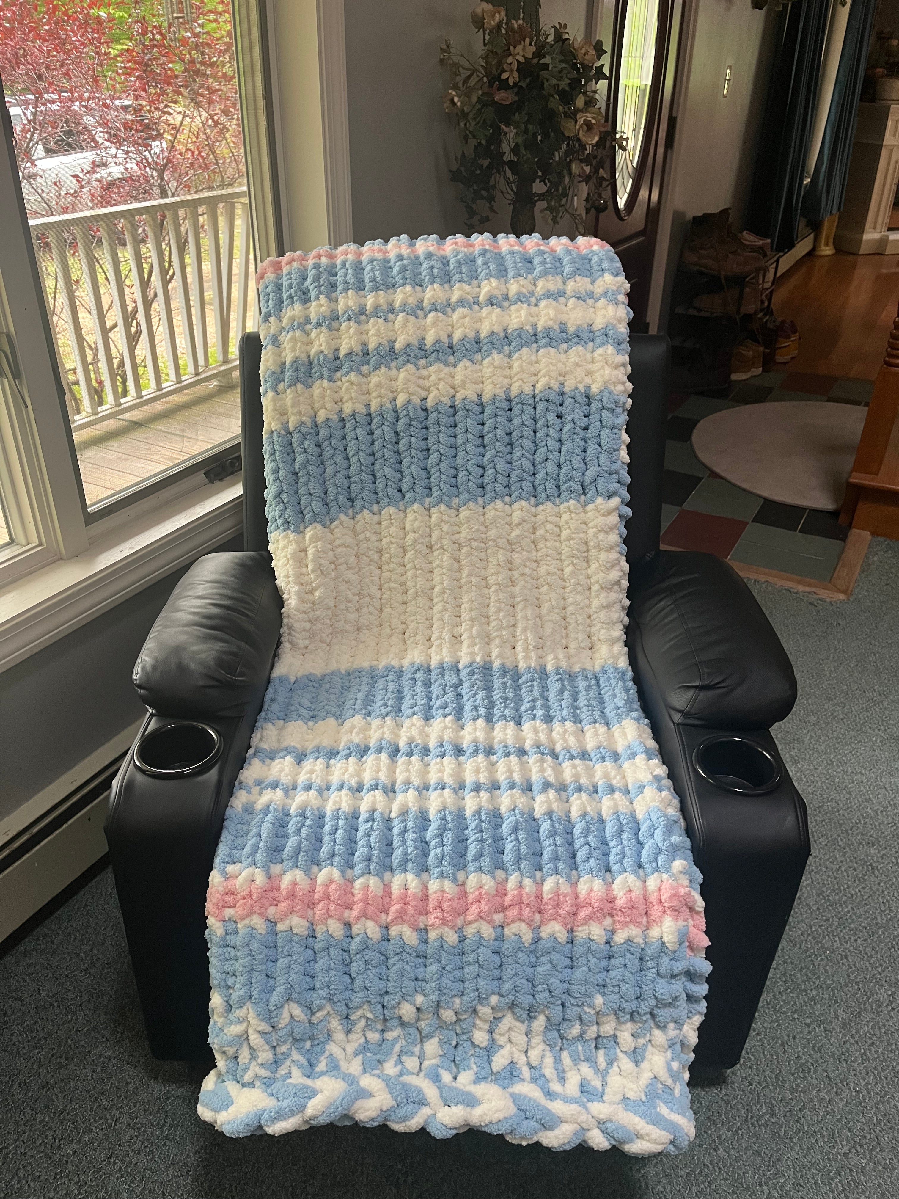 Handmade Sky Blue, White & Pink Striped Chunky Knit Large Throw Blanket