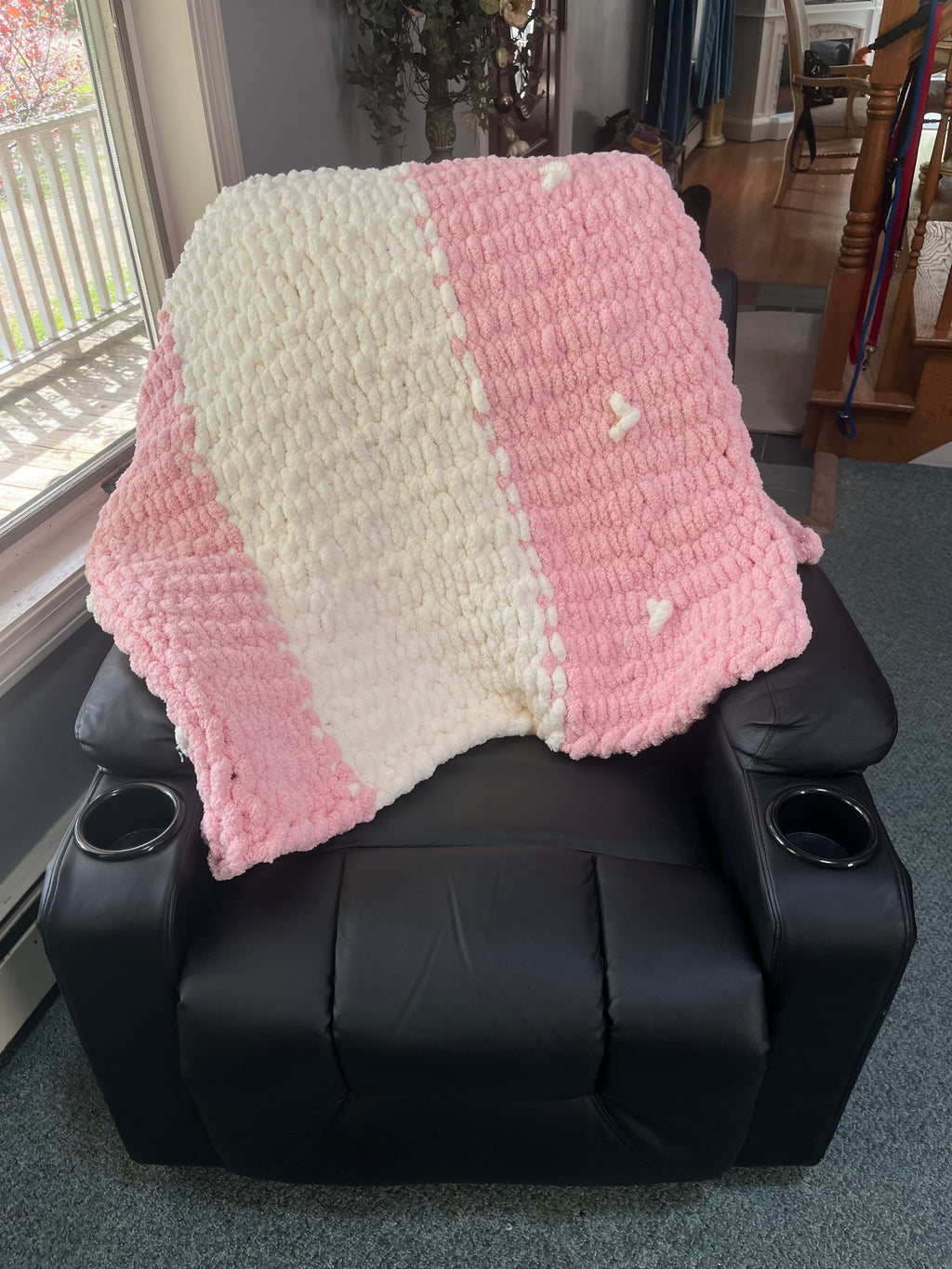 Handmade Pink & Cream Chunky Knit Large Throw Blanket