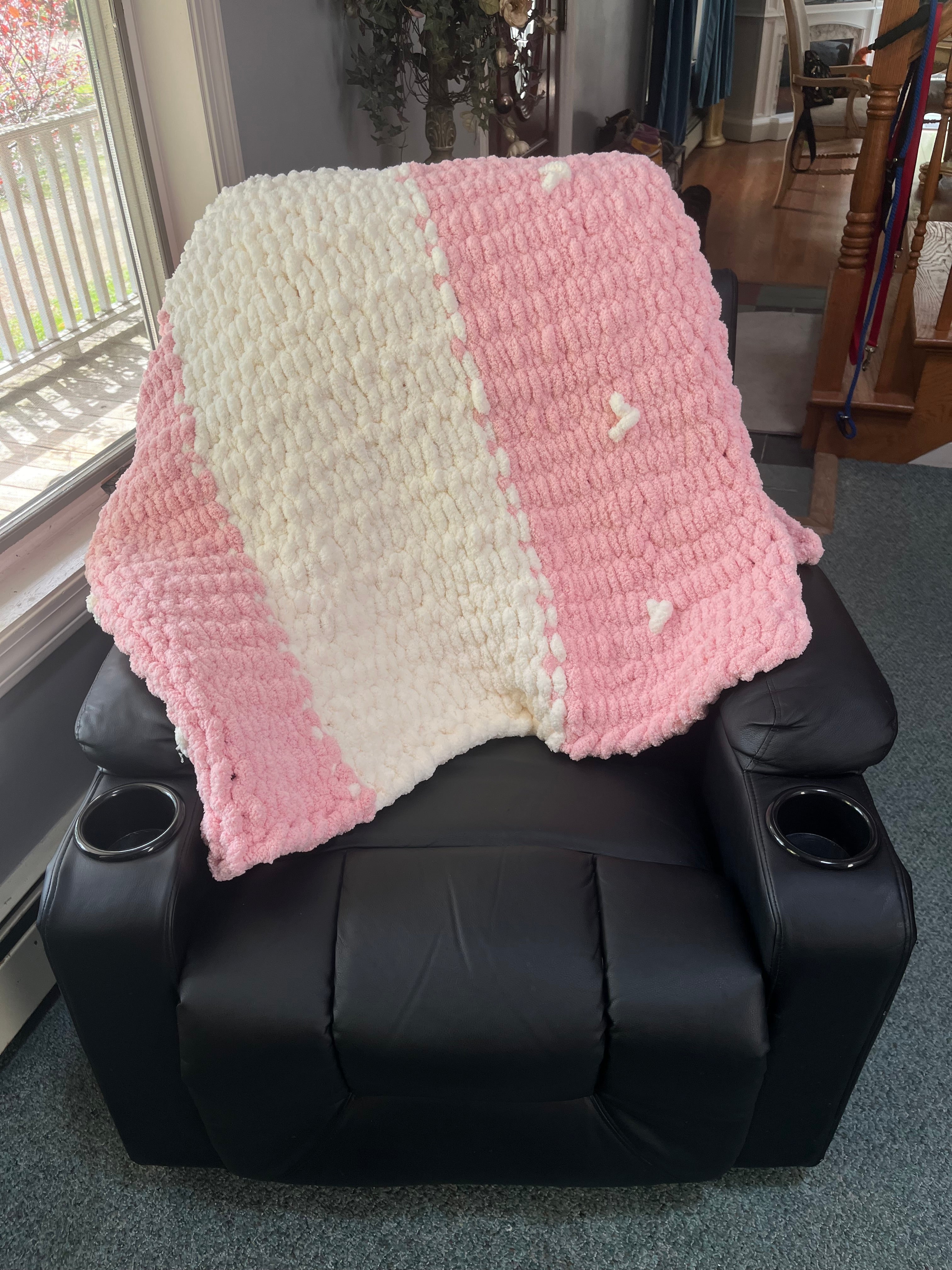 Handmade Pink & Cream Chunky Knit Large Throw Blanket